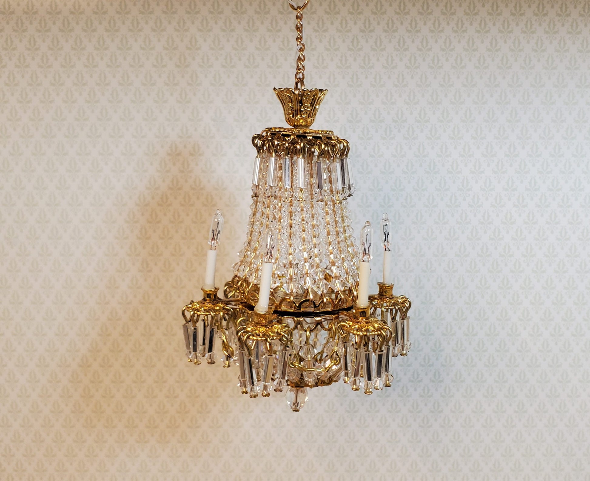 Dollhouse Fancy 6 Arm Grand Chandelier Real Glass Crystals 12 Volt 1:12 Scale