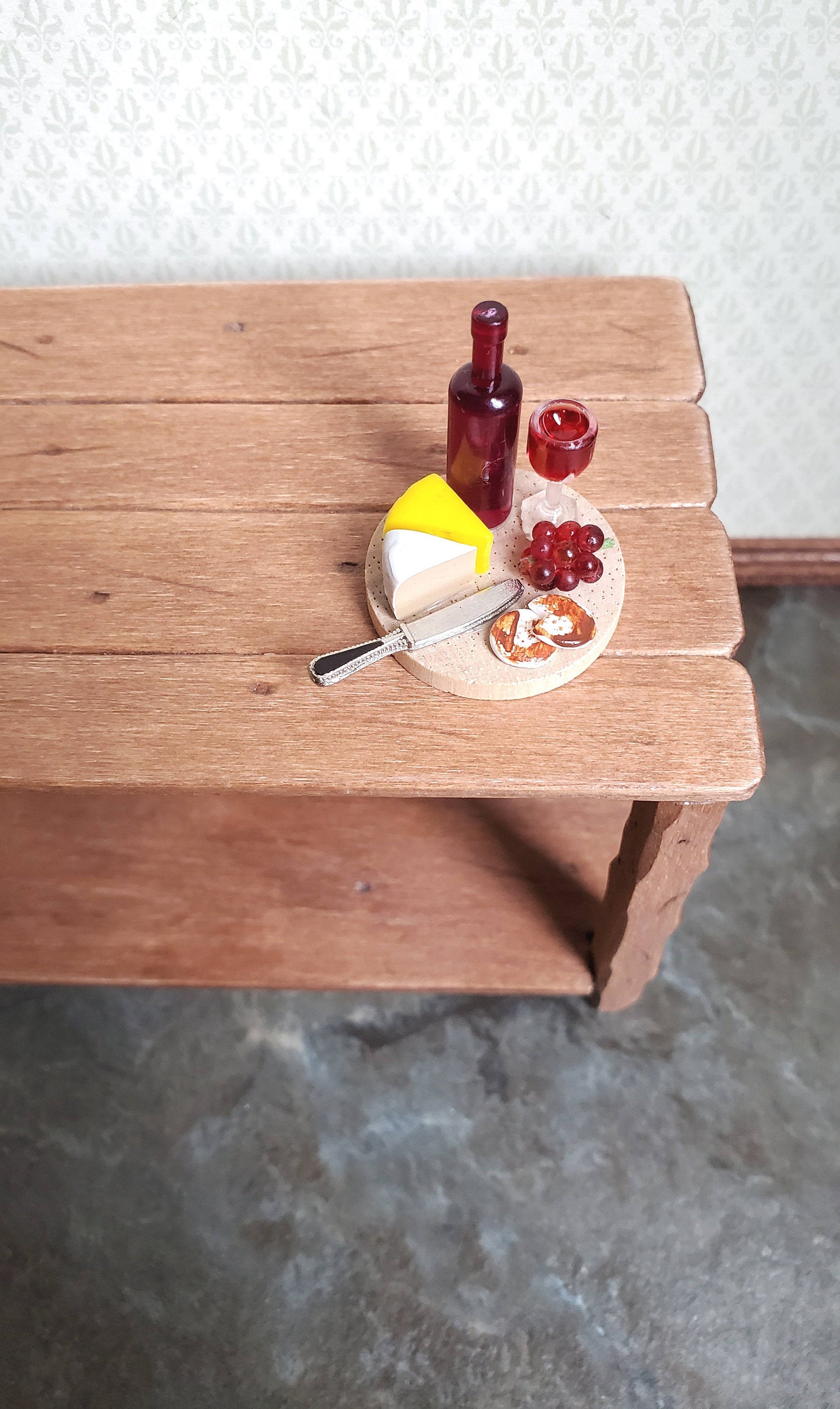 Dollhouse Red Wine Bottle & Filled Glass with Cheese Grapes Knife 1:12 Scale