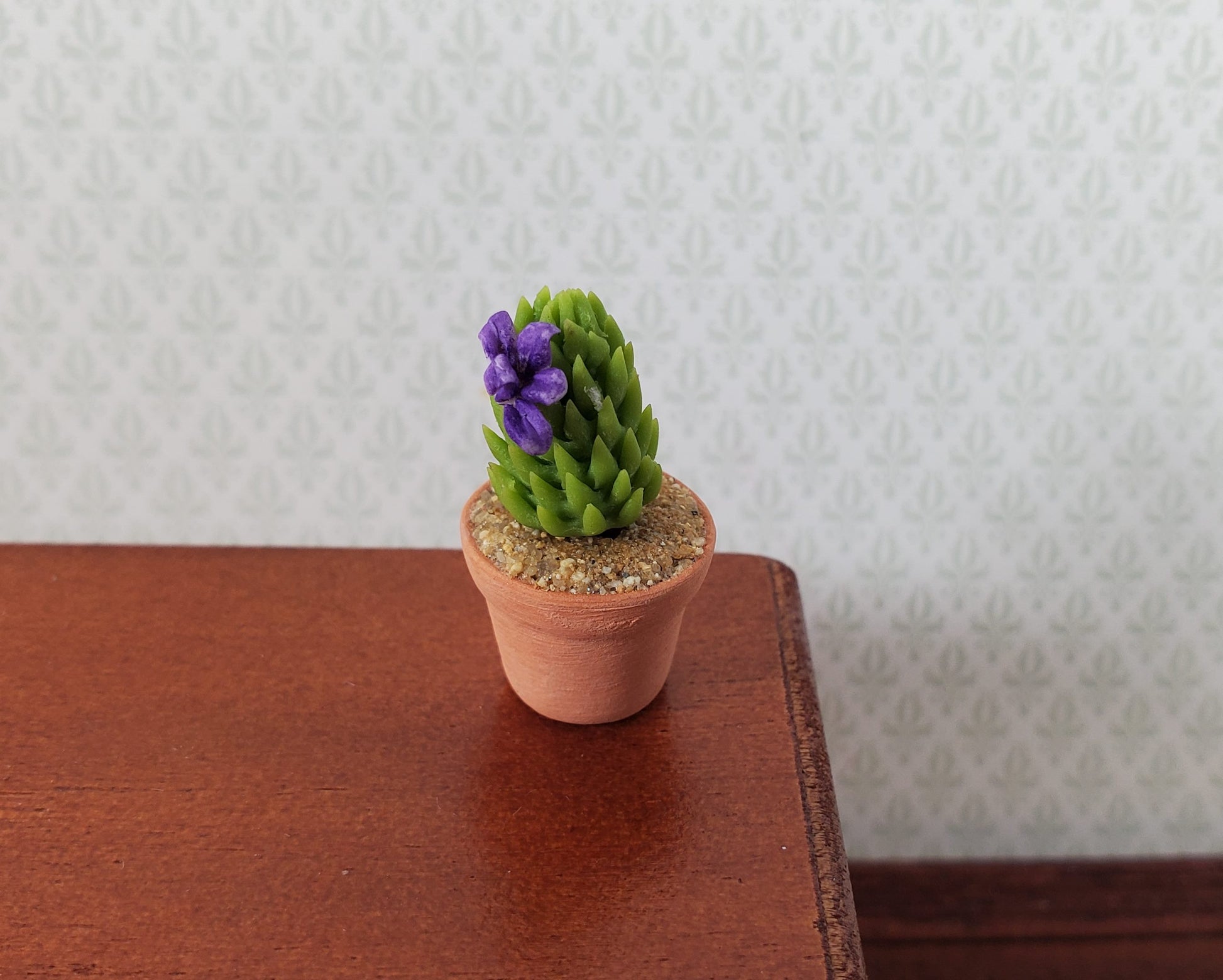 Dollhouse Cactus Purple Flowering Plant in a Terra Cotta Planter 1:12 Scale Miniature