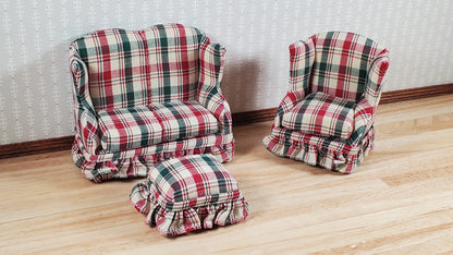 Dollhouse Small Sofa Chair Ottoman Red Green Plaid 1:12 Scale Miniature Furniture