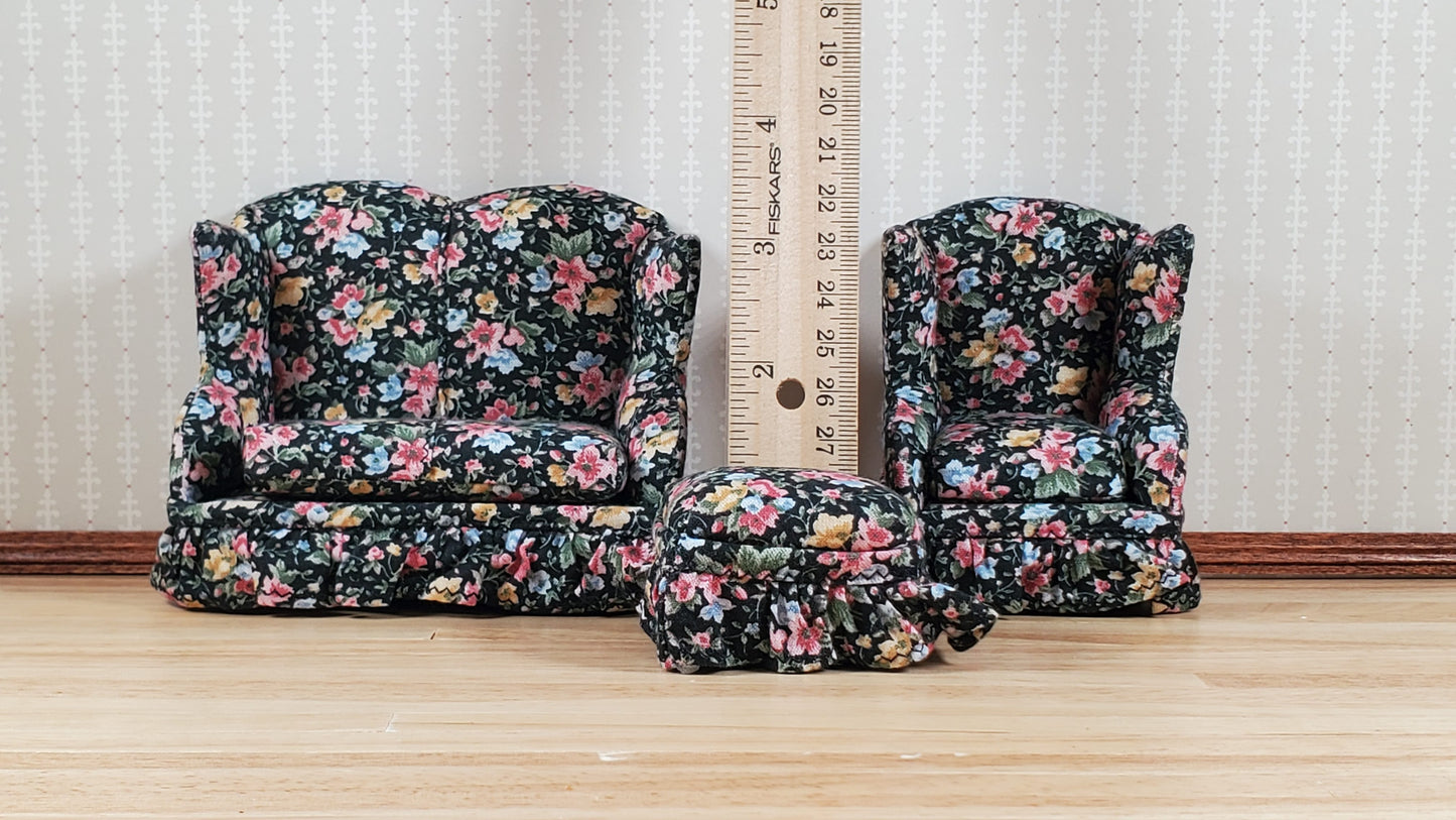 Dollhouse Small Sofa Chair Ottoman Black Floral 1:12 Scale Miniature Furniture