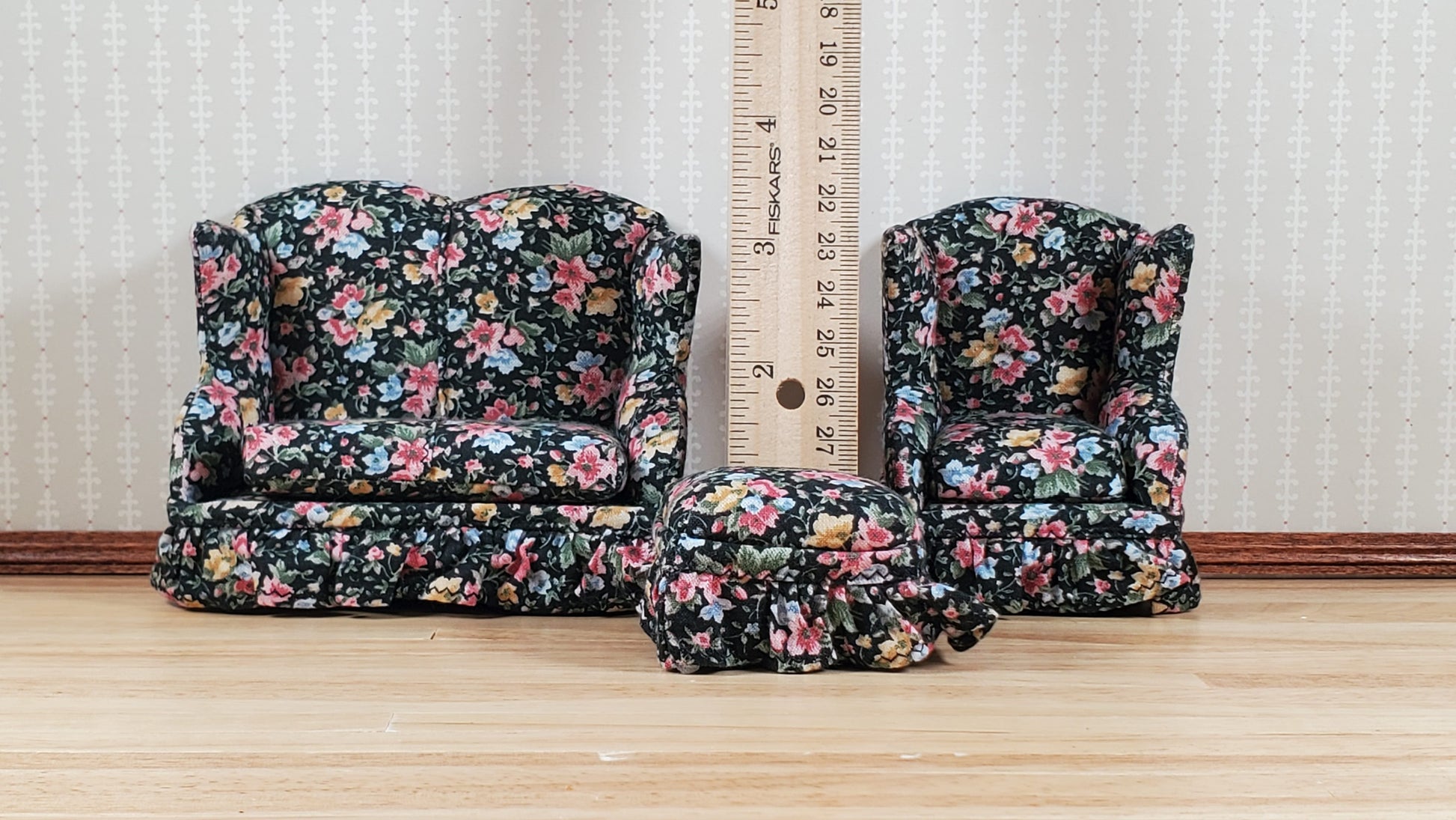 Dollhouse Small Sofa Chair Ottoman Black Floral 1:12 Scale Miniature Furniture
