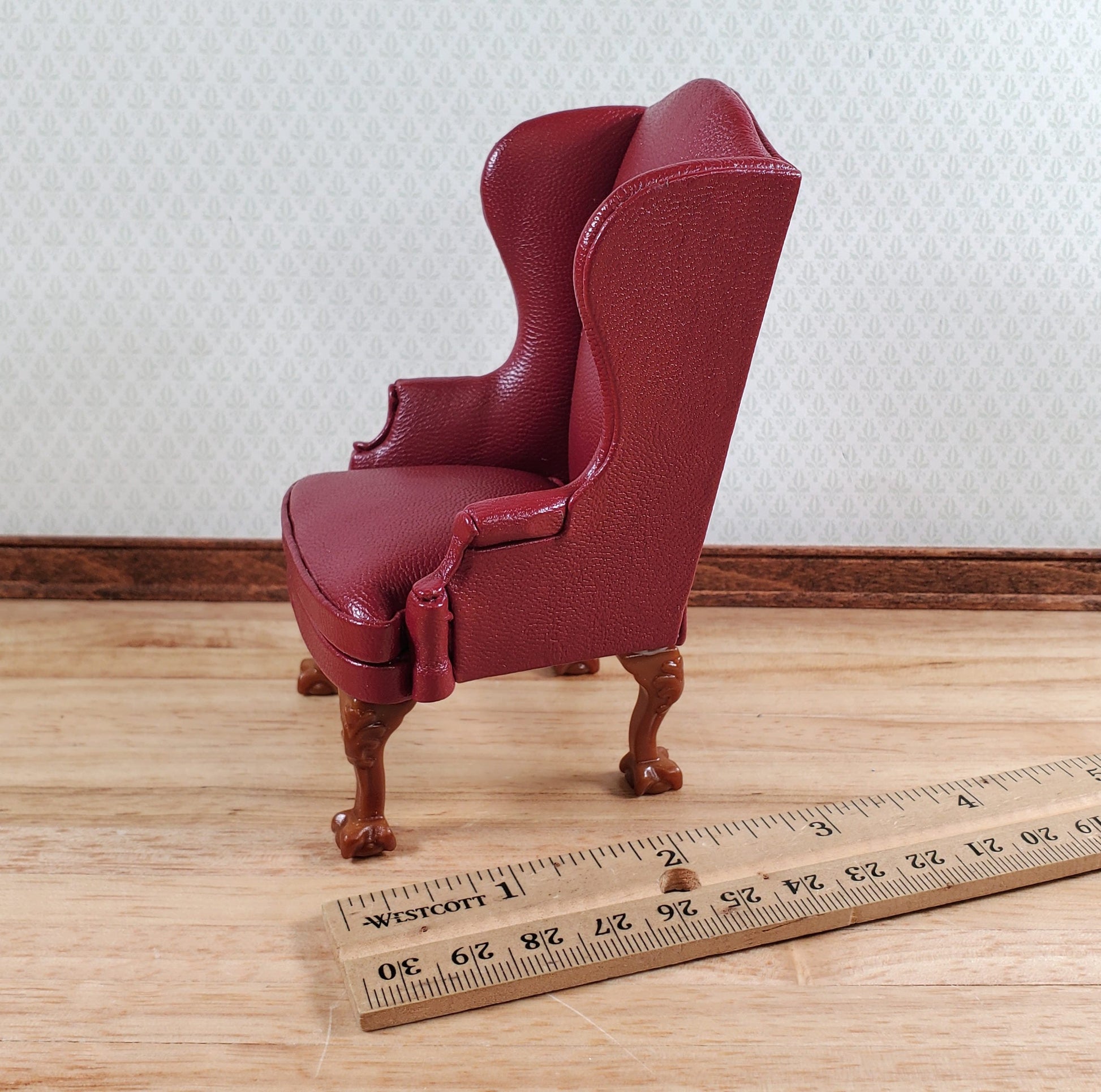 Dollhouse Miniature Wing Back Arm Chair Dark Red 1:12 Scale Furniture Faux Leather
