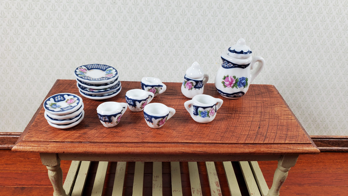 Dollhouse Coffee Set with Plates Blue Lace Design Ceramic 1:12 Scale Miniature