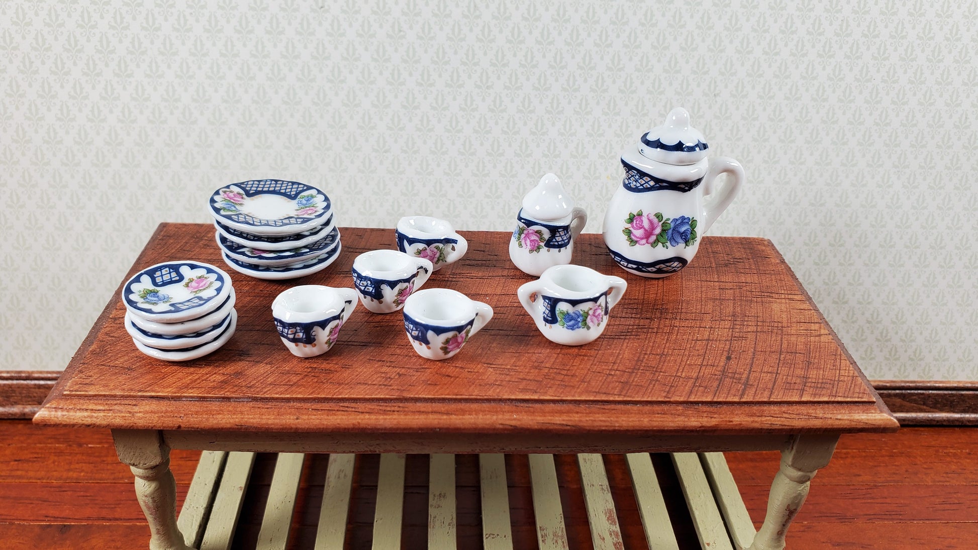 Dollhouse Coffee Set with Plates Blue Lace Design Ceramic 1:12 Scale Miniature