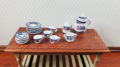 Dollhouse Coffee Set with Plates Blue Lace Design Ceramic 1:12 Scale Miniature