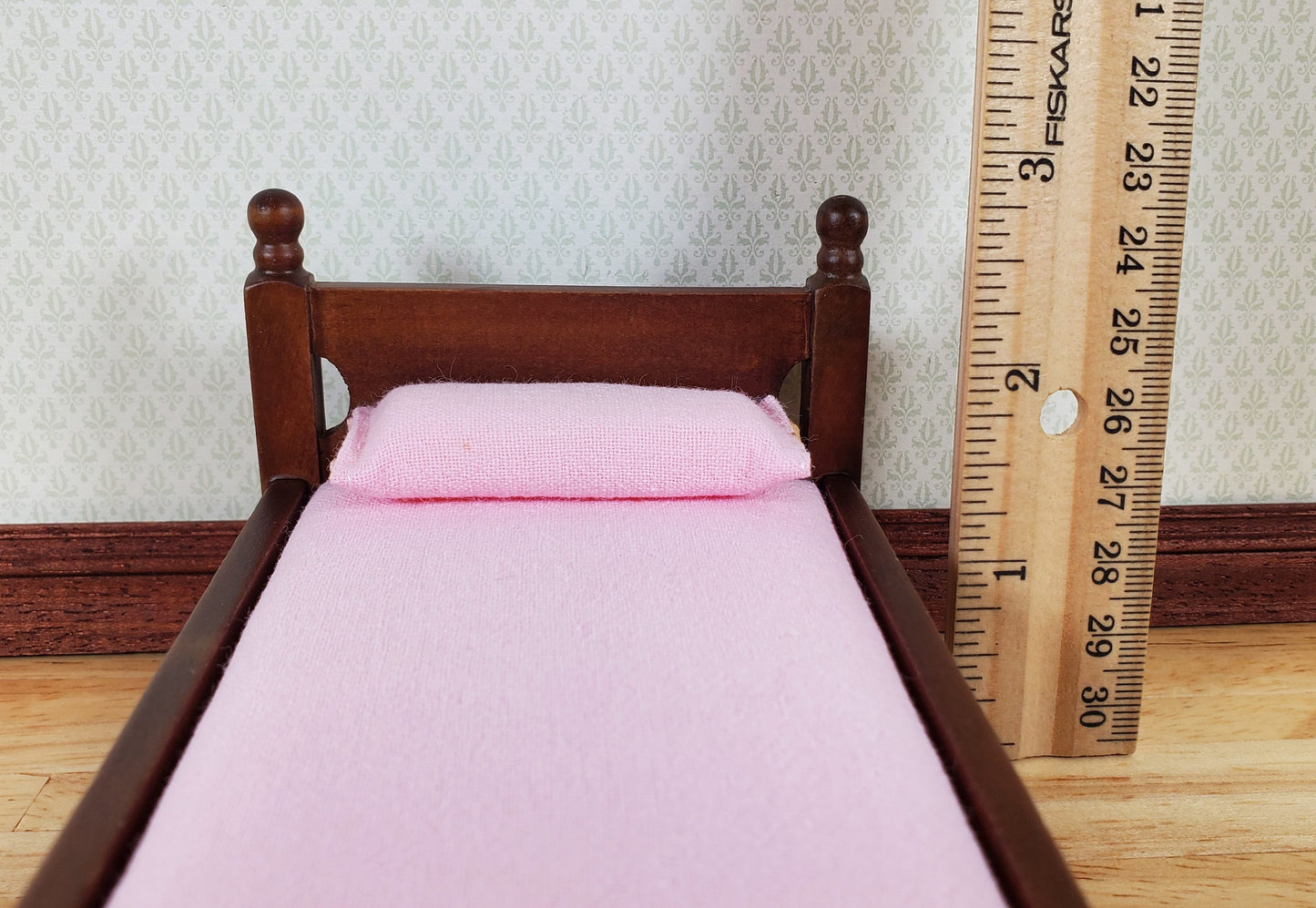 Dollhouse Single Bed Wood with a Walnut Finish Pink Sheets 1:12 Scale Miniature