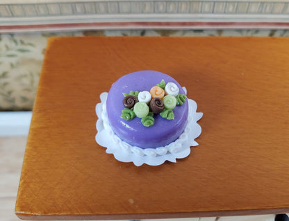 Dollhouse Purple Cake with Rose Decorations 1:12 Scale Miniature Dessert