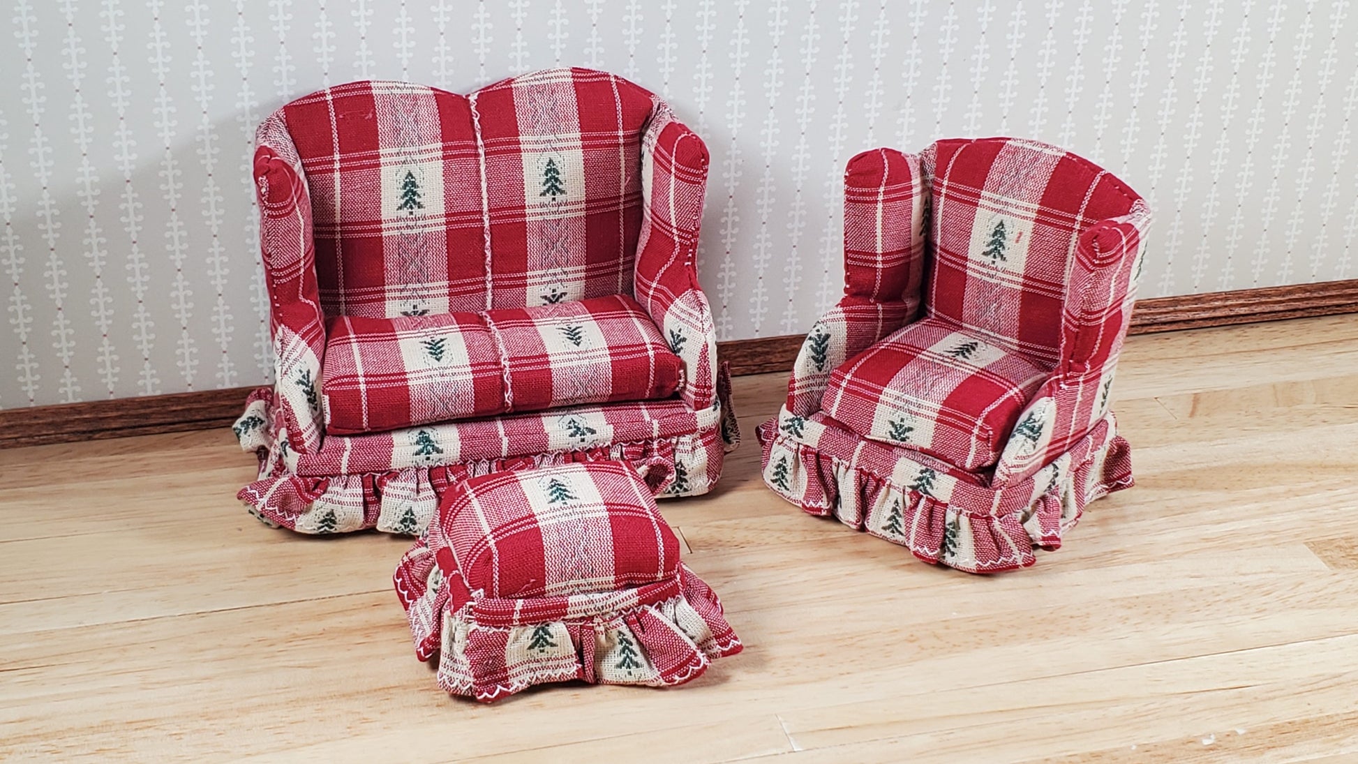 Dollhouse Small Sofa Chair Ottoman Cabin Style 1:12 Scale Miniature Furniture