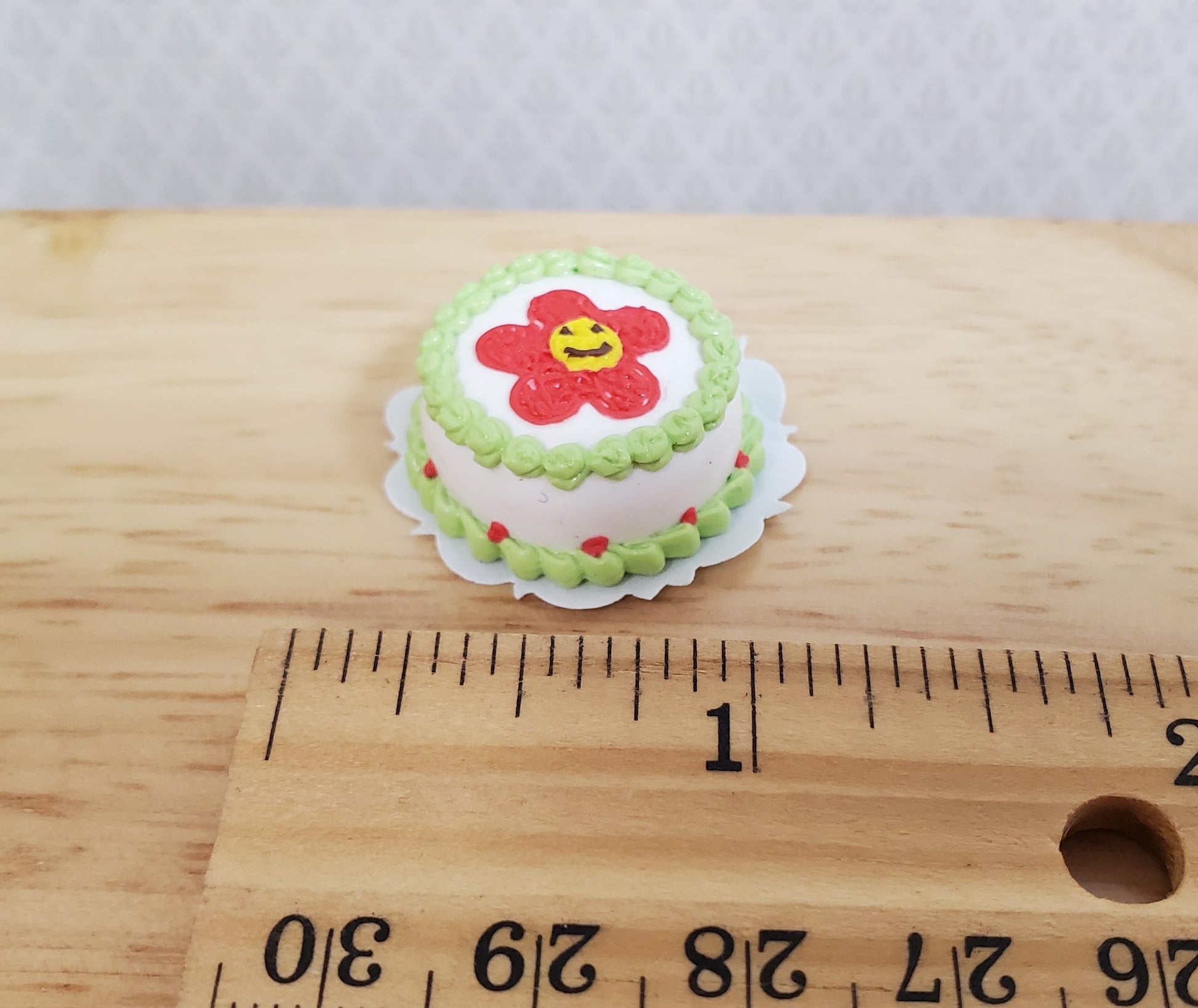 Dollhouse Red Flower Cake with Green Piping 1:12 Scale Miniature Dessert Bakery