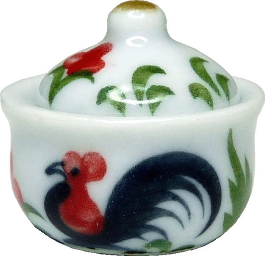 Dollhouse Large Ceramic Stock Pot with Lid Rooster Motif 1:12 Scale Miniature