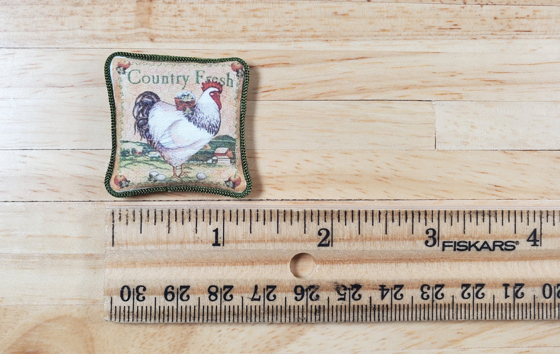 Dollhouse Country Rooster Pillow Green Trim Handmade 1:12 Scale Miniature