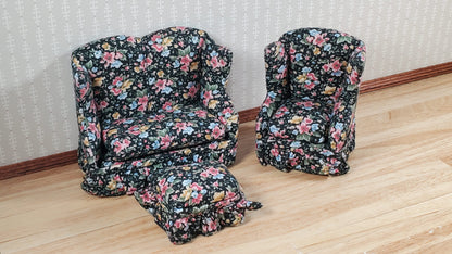 Dollhouse Small Sofa Chair Ottoman Black Floral 1:12 Scale Miniature Furniture