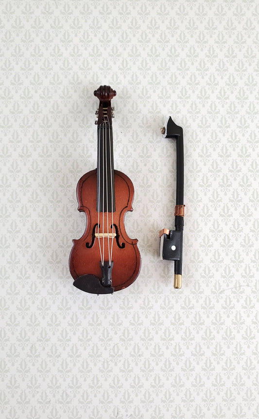 Miniature Violin and Bow Wood 2 7/8" Dollhouse Tiny Instrument Music Room