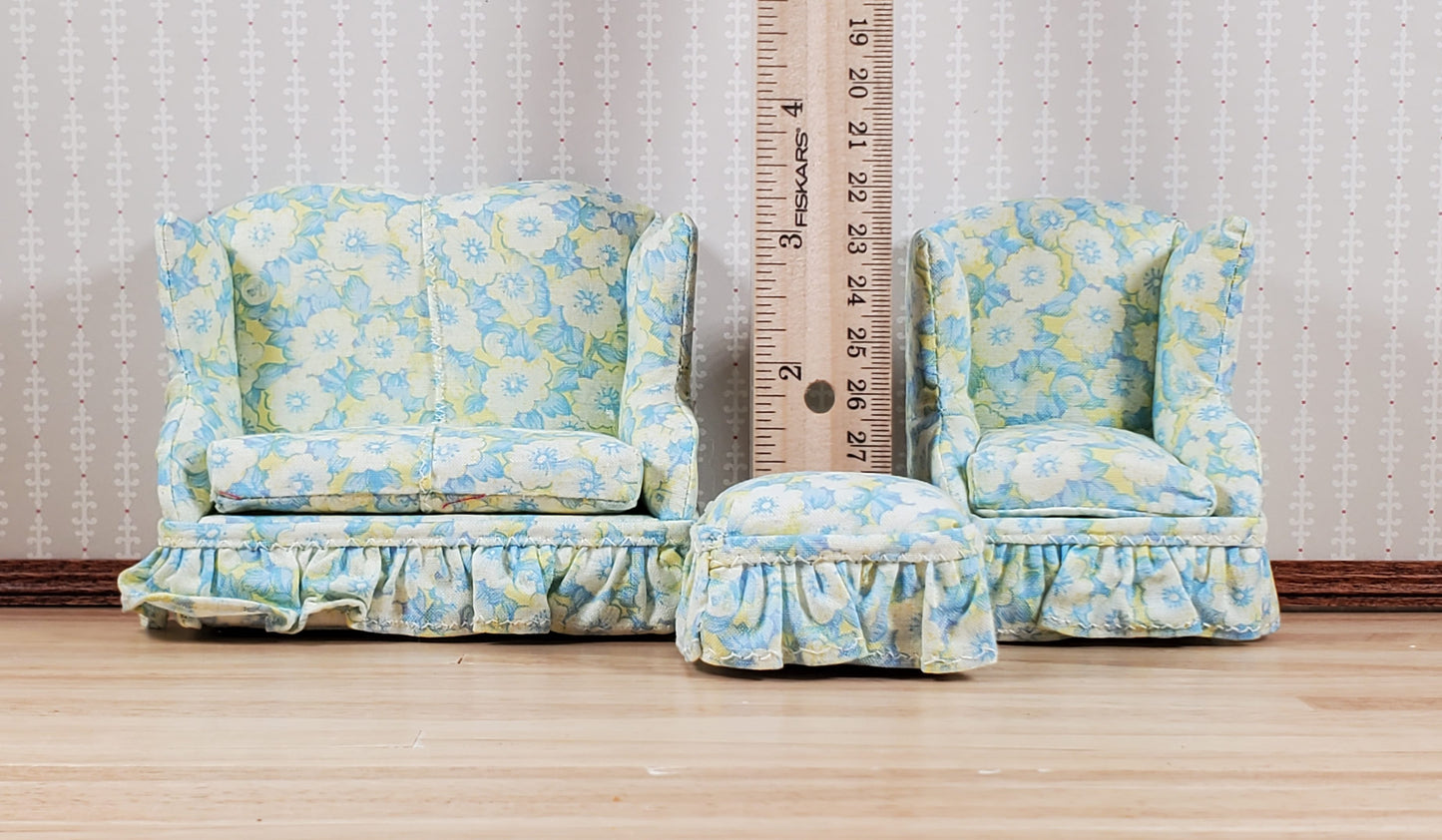 Dollhouse Small Sofa Chair Ottoman Blue White Yellow 1:12 Scale Miniature Furniture