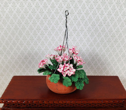Dollhouse Pink & White Flowers in a Clay Hanging Planter 1:12 Scale Miniature