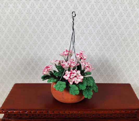 Dollhouse Pink & White Flowers in a Clay Hanging Planter 1:12 Scale Miniature