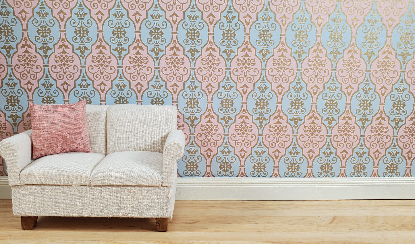 Dollhouse Wallpaper Pink & Blue Fleur Damask 3 Sheets 1:12 Scale Miniature