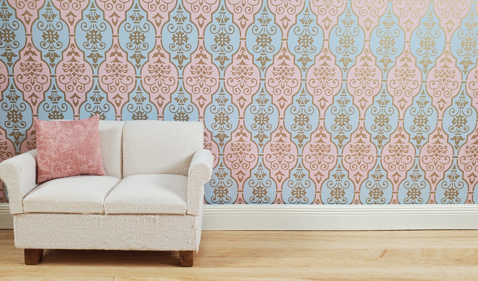 Dollhouse Wallpaper Pink & Blue Fleur Damask 3 Sheets 1:12 Scale Miniature