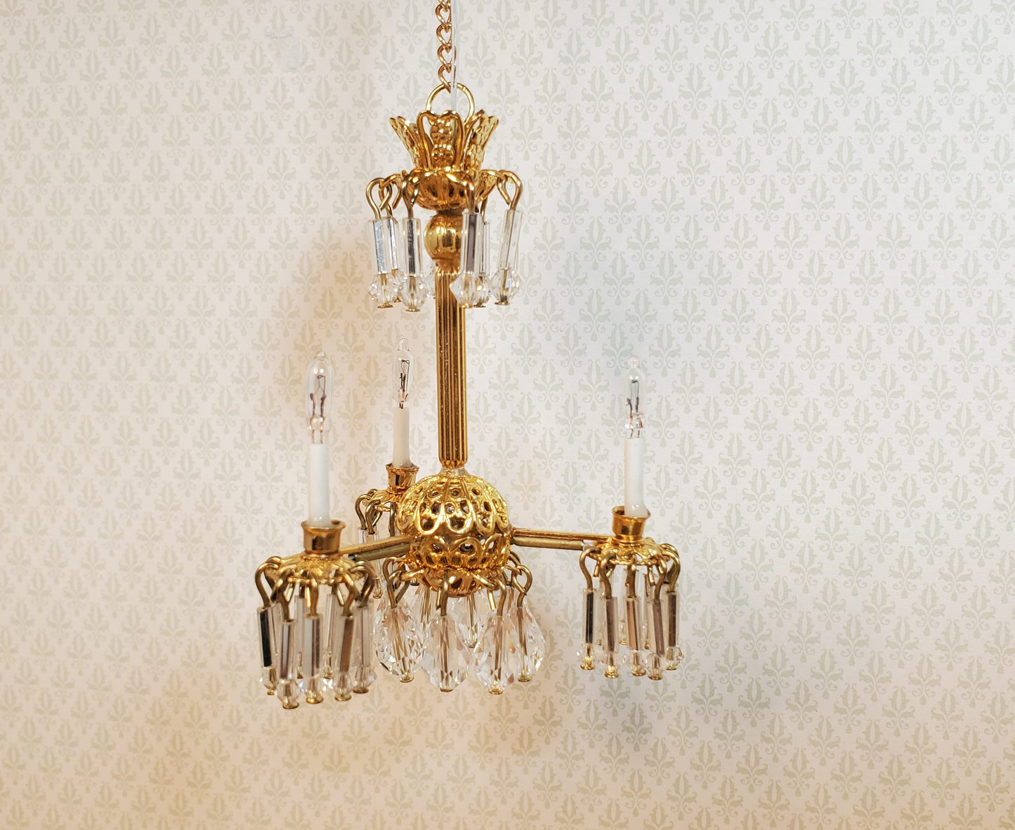 Dollhouse 3 Arm Crystal Chandelier "Jersey Lily" Handmade 12 Volt 1:12 Scale