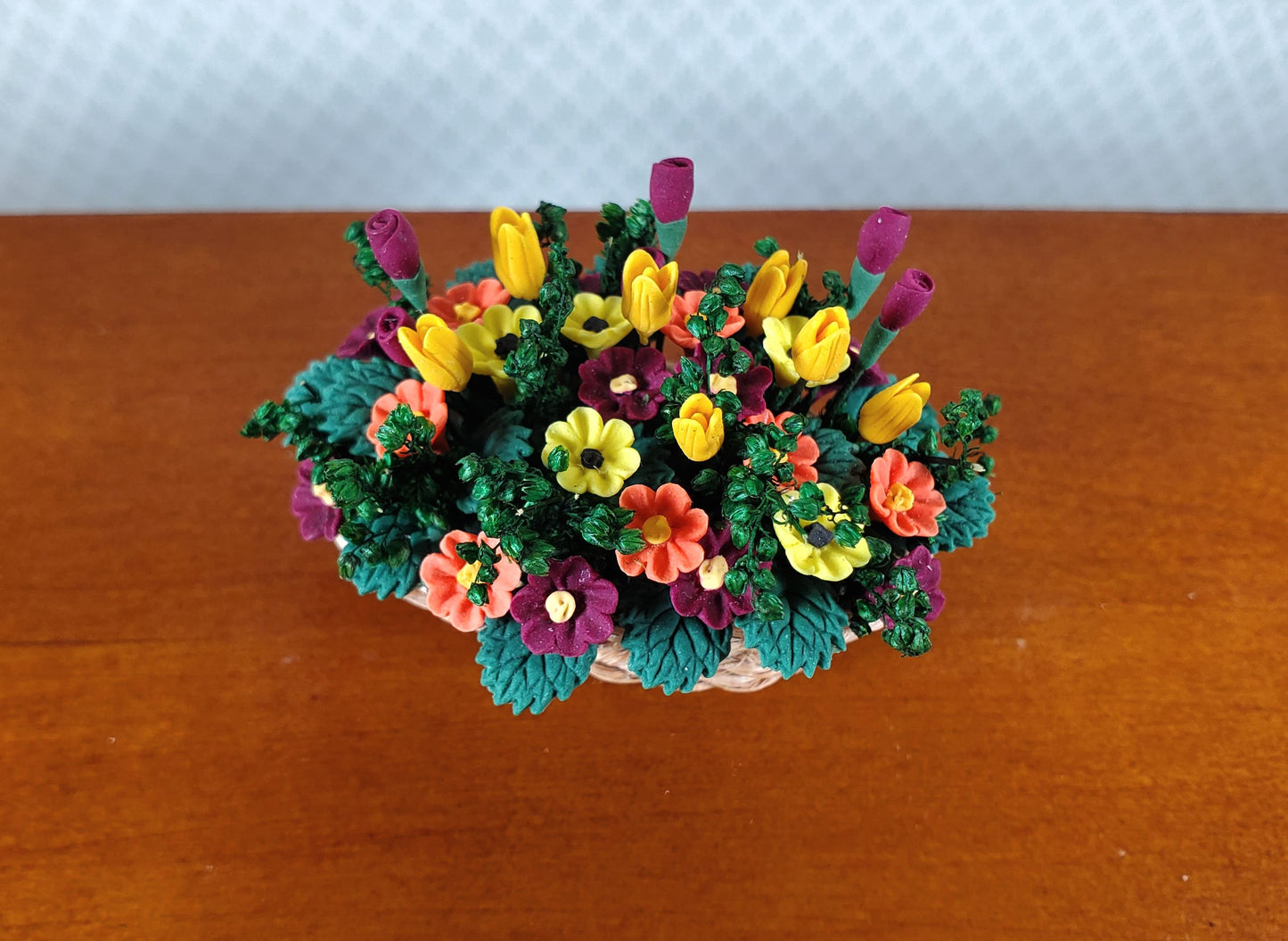 Dollhouse Autumn Colored Centerpiece in a Natural Basket 1:12 Scale Miniature