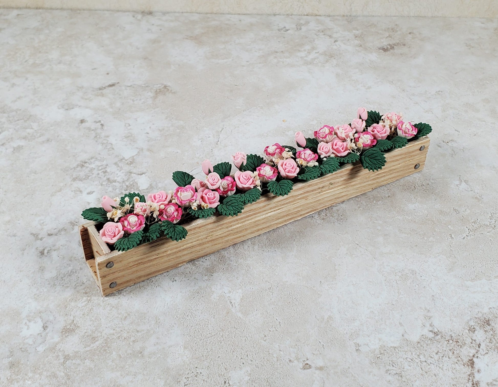 Dollhouse Pink & White Roses in a 5.5" Window Box Planter 1:12 Scale Miniature