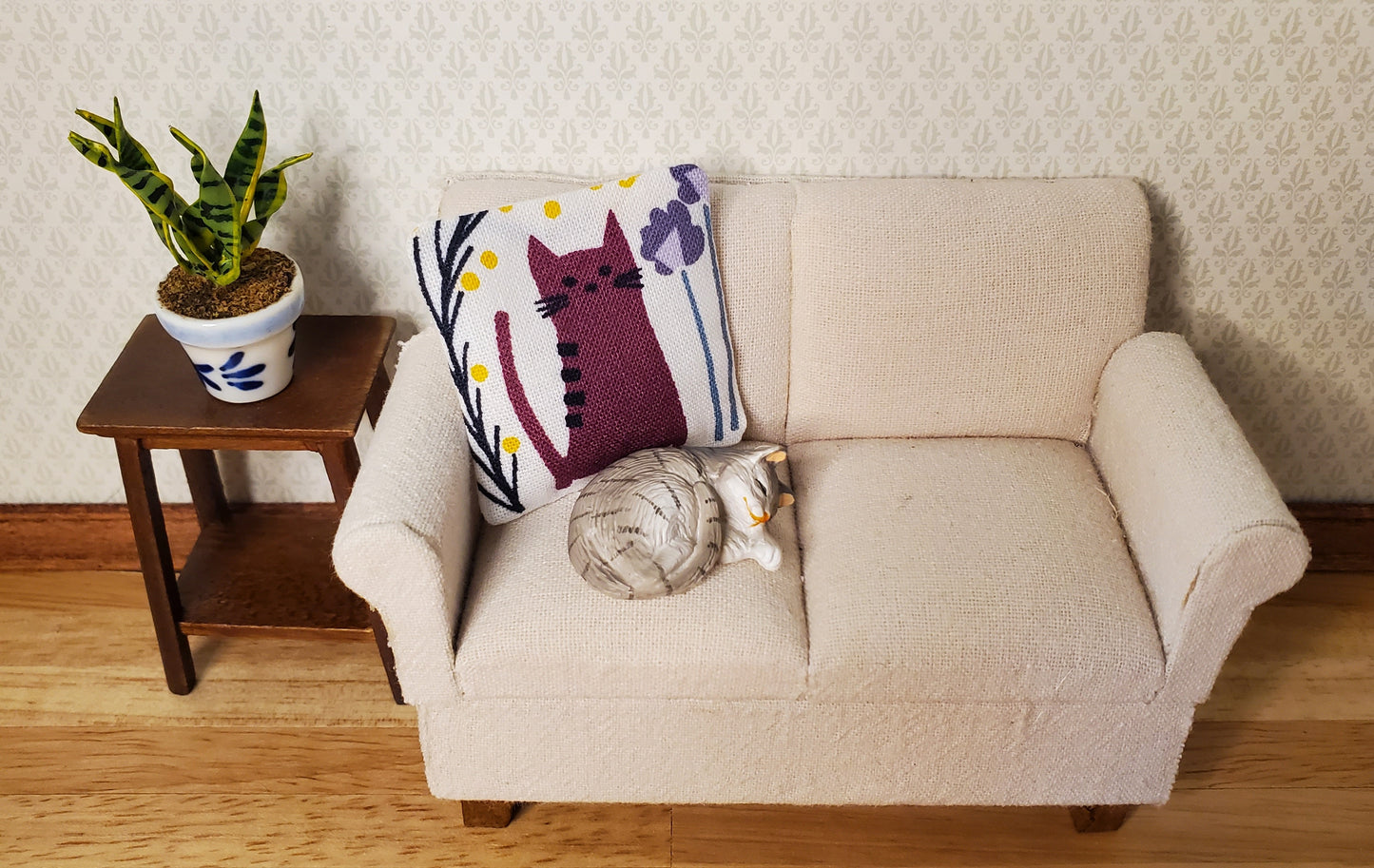 Dollhouse Miniature Pillow Purple Cat Handmade 1:12 Scale 1 1/2"
