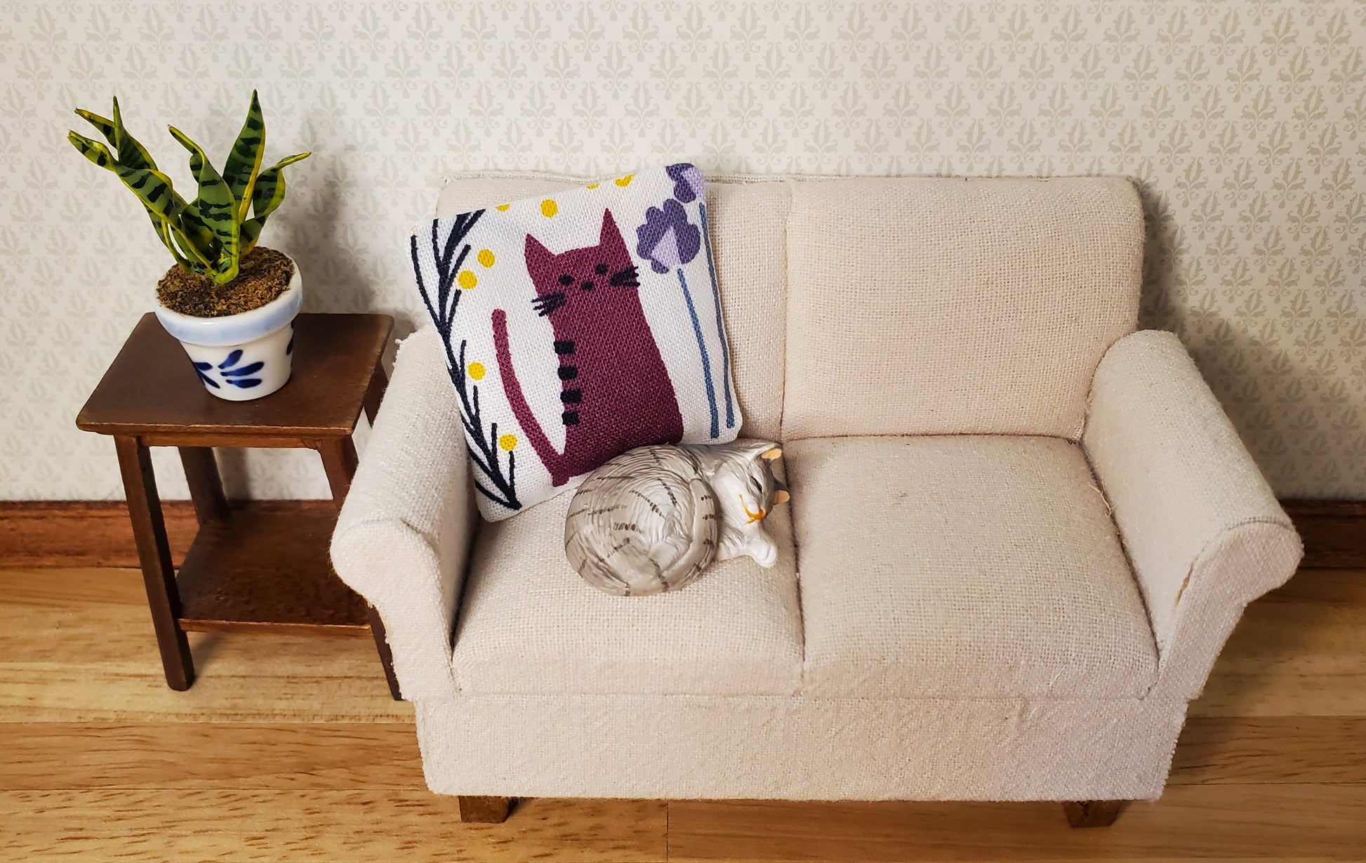 Dollhouse Miniature Pillow Purple Cat Handmade 1:12 Scale 1 1/2"