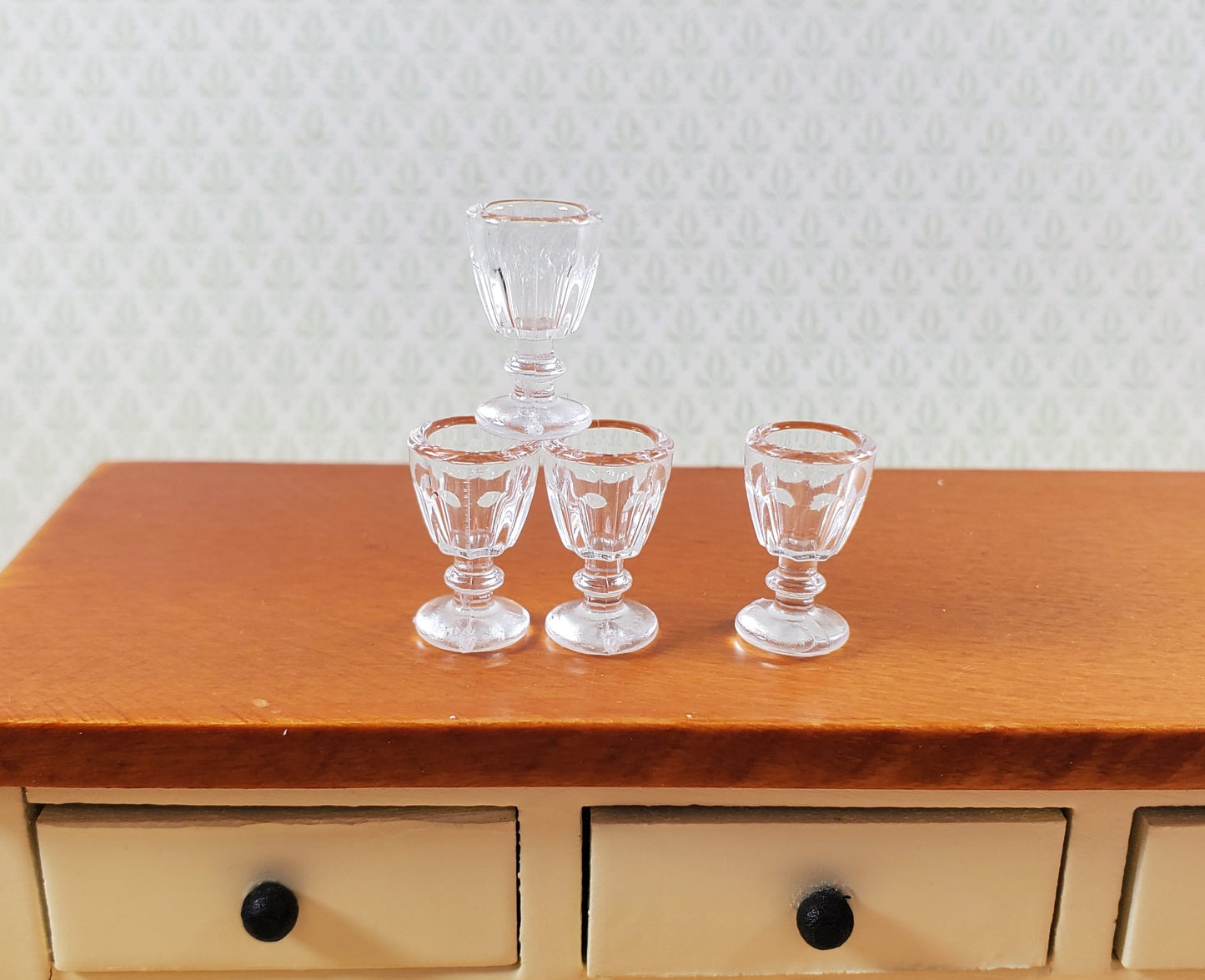 Dollhouse Stemware Glasses x4 Wine or Water Goblets Clear 1:12 Scale Miniature