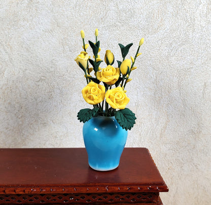 Dollhouse Yellow Roses in a Large Blue Ceramic Vase 1:12 Scale Miniature