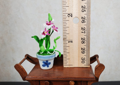 Dollhouse Orchid Pink White Flowering Plant in Ceramic Pot 1:12 Scale Miniature