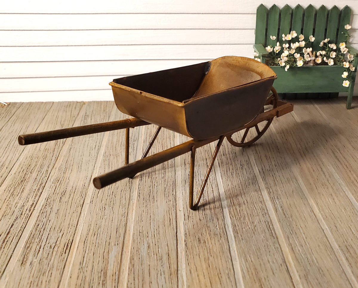 Dollhouse Miniature Metal Wheelbarrow Large Rusted Aged 1:12 Scale Fairy Garden