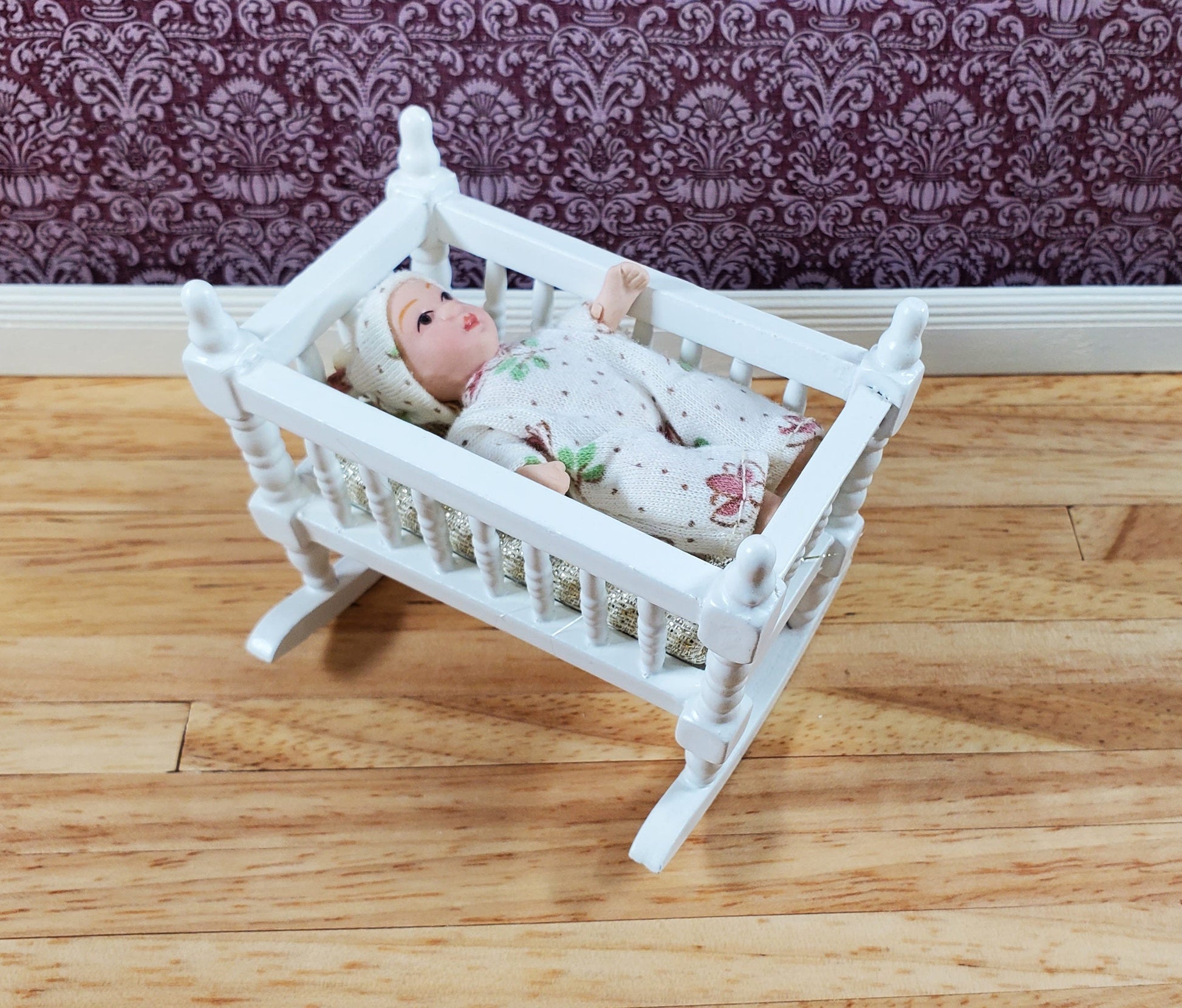 Dollhouse Miniature Cradle Crib for Nursery Wood WHITE1:12 Scale Furniture