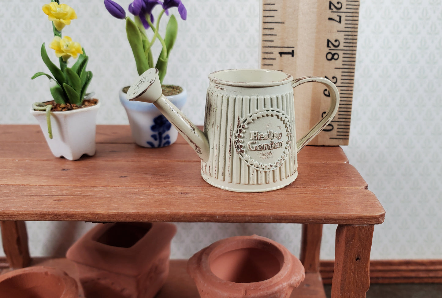 Dollhouse Metal Watering Can with Handle Aged White 1:12 Scale Miniature Garden