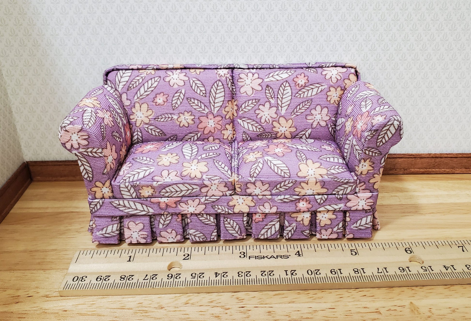 JBM Dollhouse Sofa Couch Purple Floral Modern Style 1:12 Scale Furniture