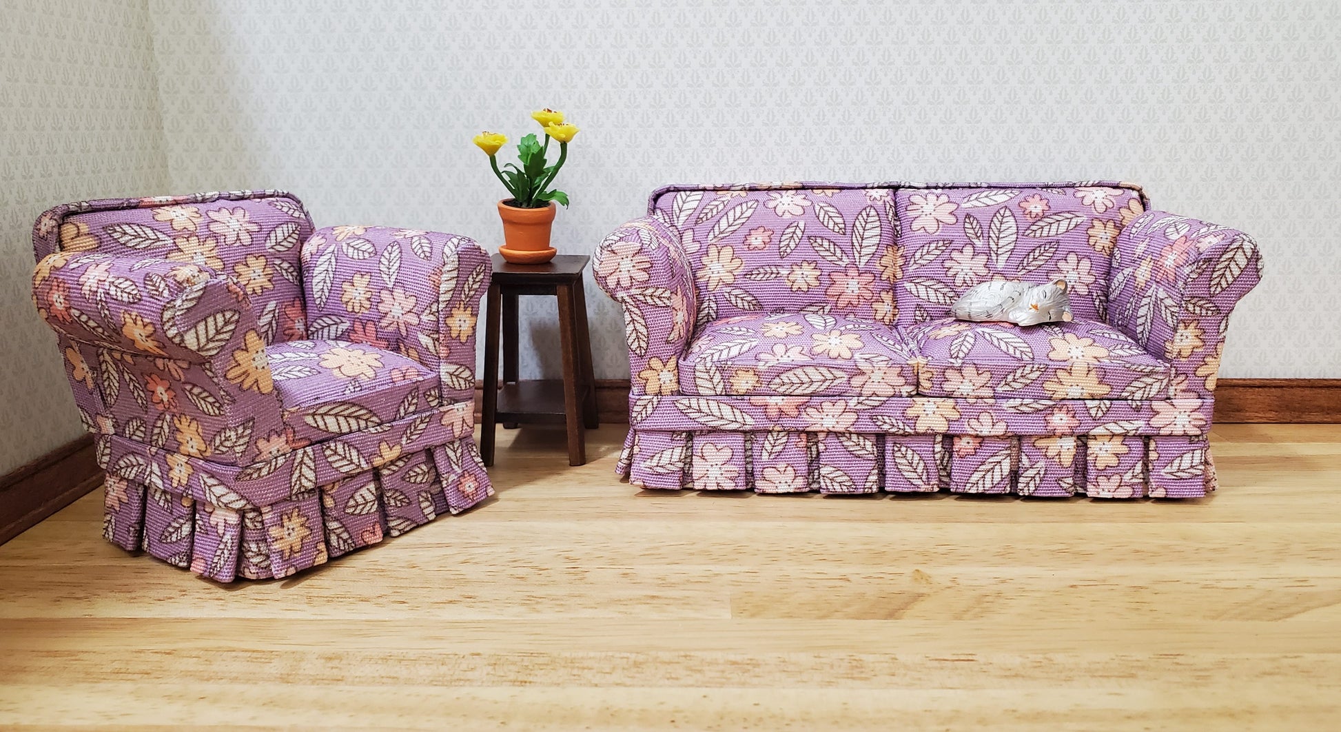 JBM Dollhouse Sofa Couch Purple Floral Modern Style 1:12 Scale Furniture