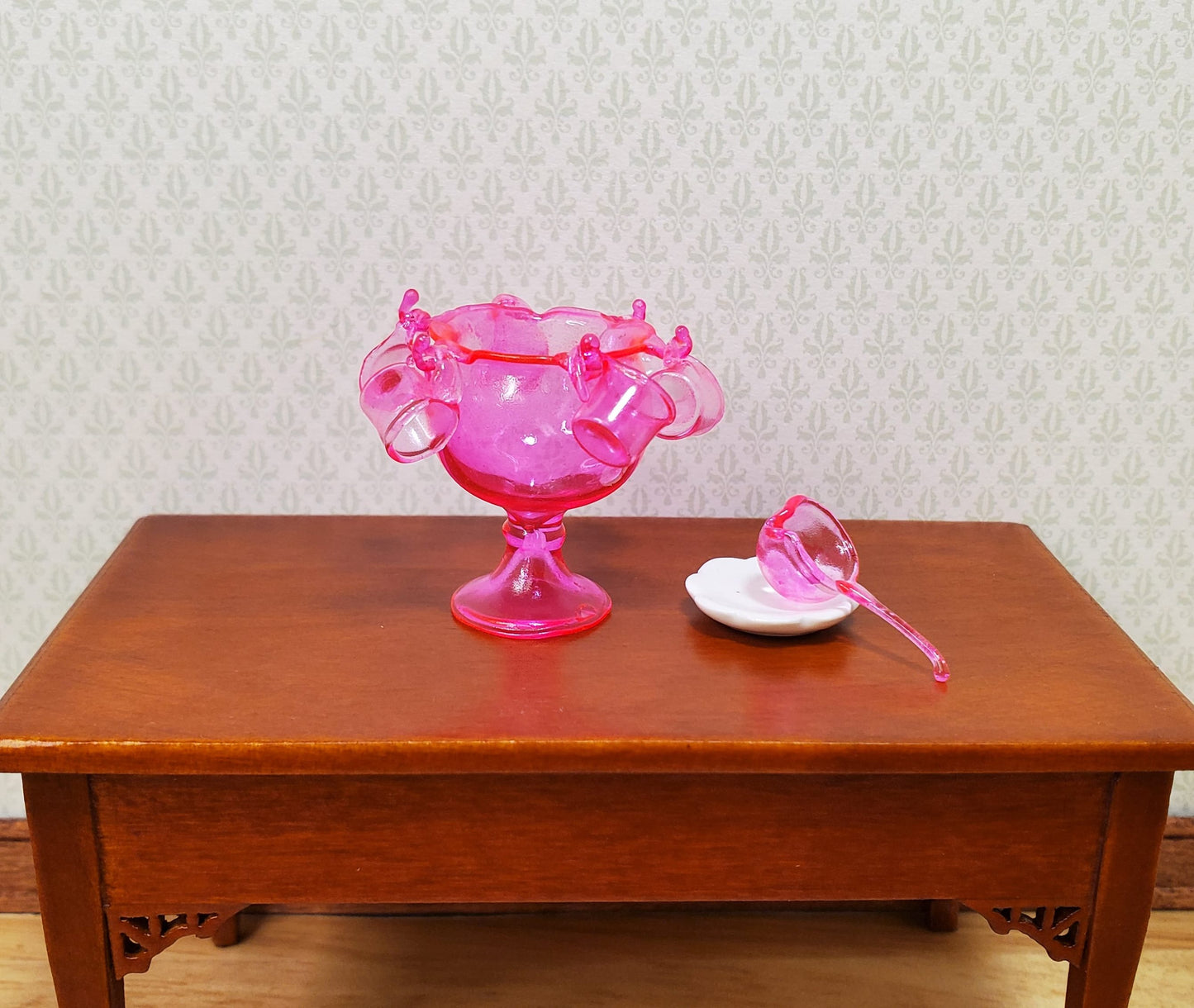 Dollhouse Glass Punch Bowl with Cups & Ladle Pink 1:12 Scale Miniature Kitchen