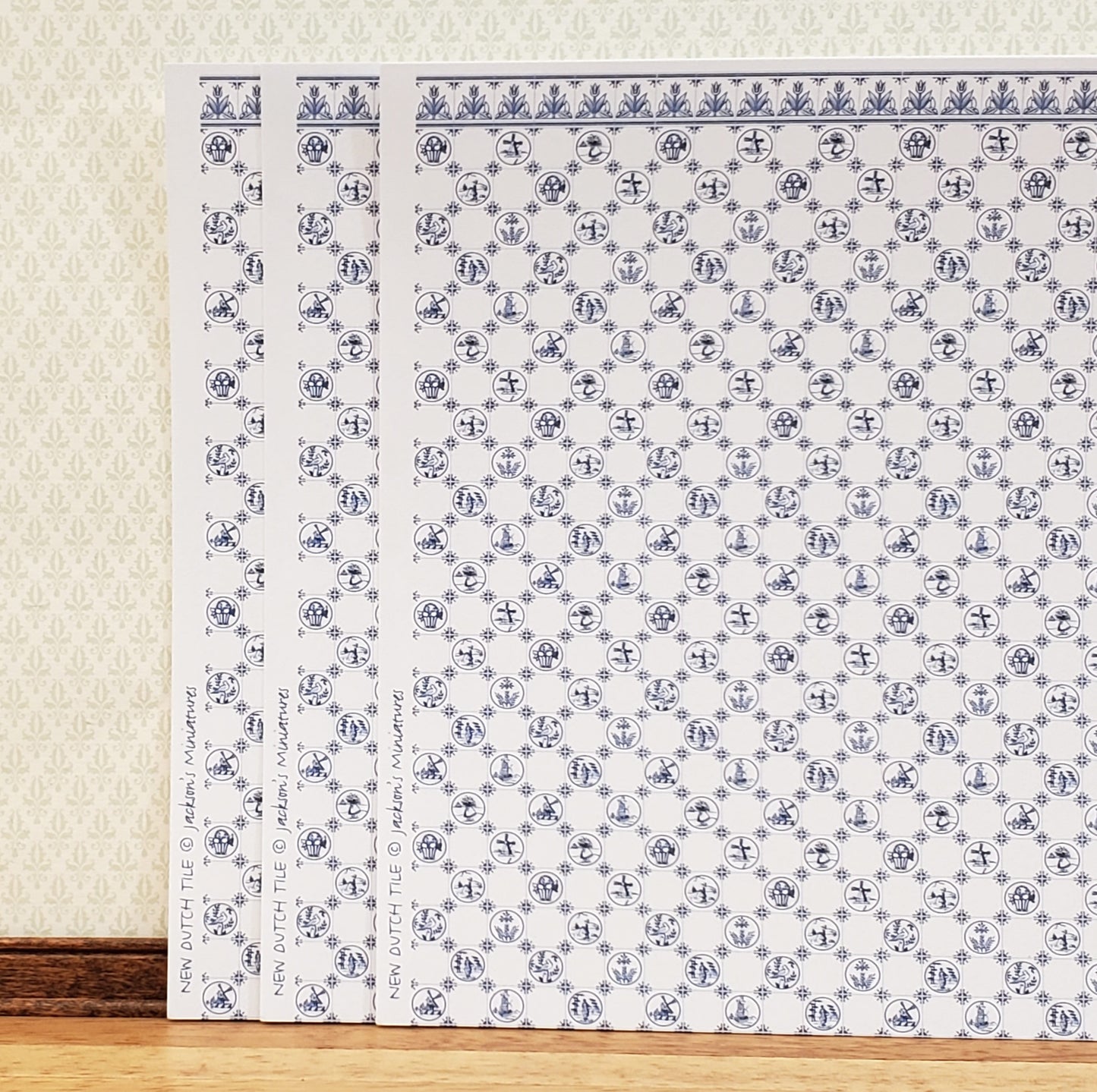 Dollhouse HALF SCALE Wallpaper 3 Sheets Dutch Delft Blue 1:24 Scale Miniature