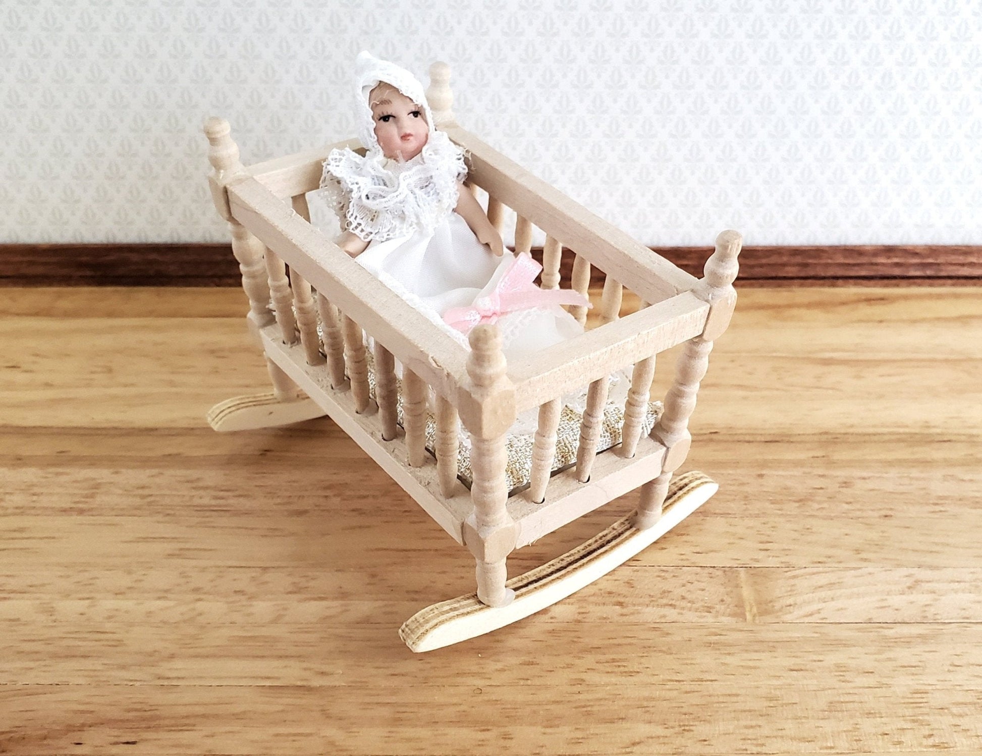 Dollhouse Baby Doll in Long White Gown Porcelain 1:12 Scale Miniature - Miniature Crush