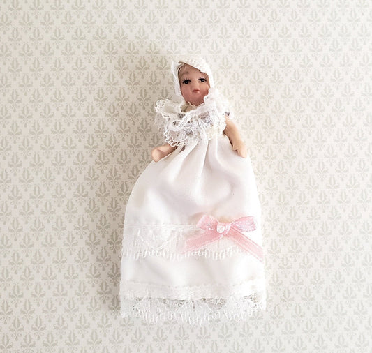 Dollhouse Baby Doll in Long White Gown Porcelain 1:12 Scale Miniature - Miniature Crush