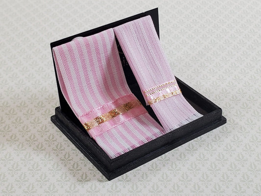 Dollhouse Bath Towels Pink & Gold Striped by Reutter 1:12 Scale Miniatures - Miniature Crush