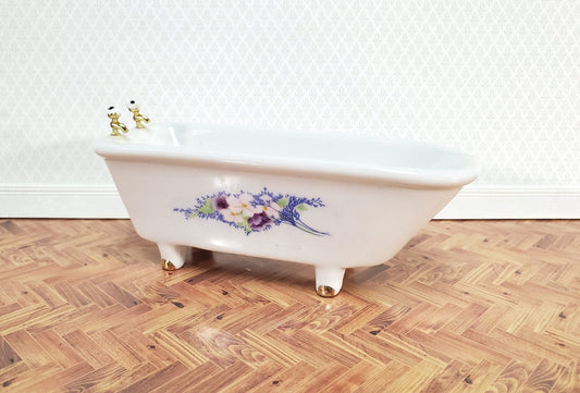 Dollhouse Bathtub White Ceramic with Floral Decor 1:12 Scale Miniature Bathroom Tub - Miniature Crush