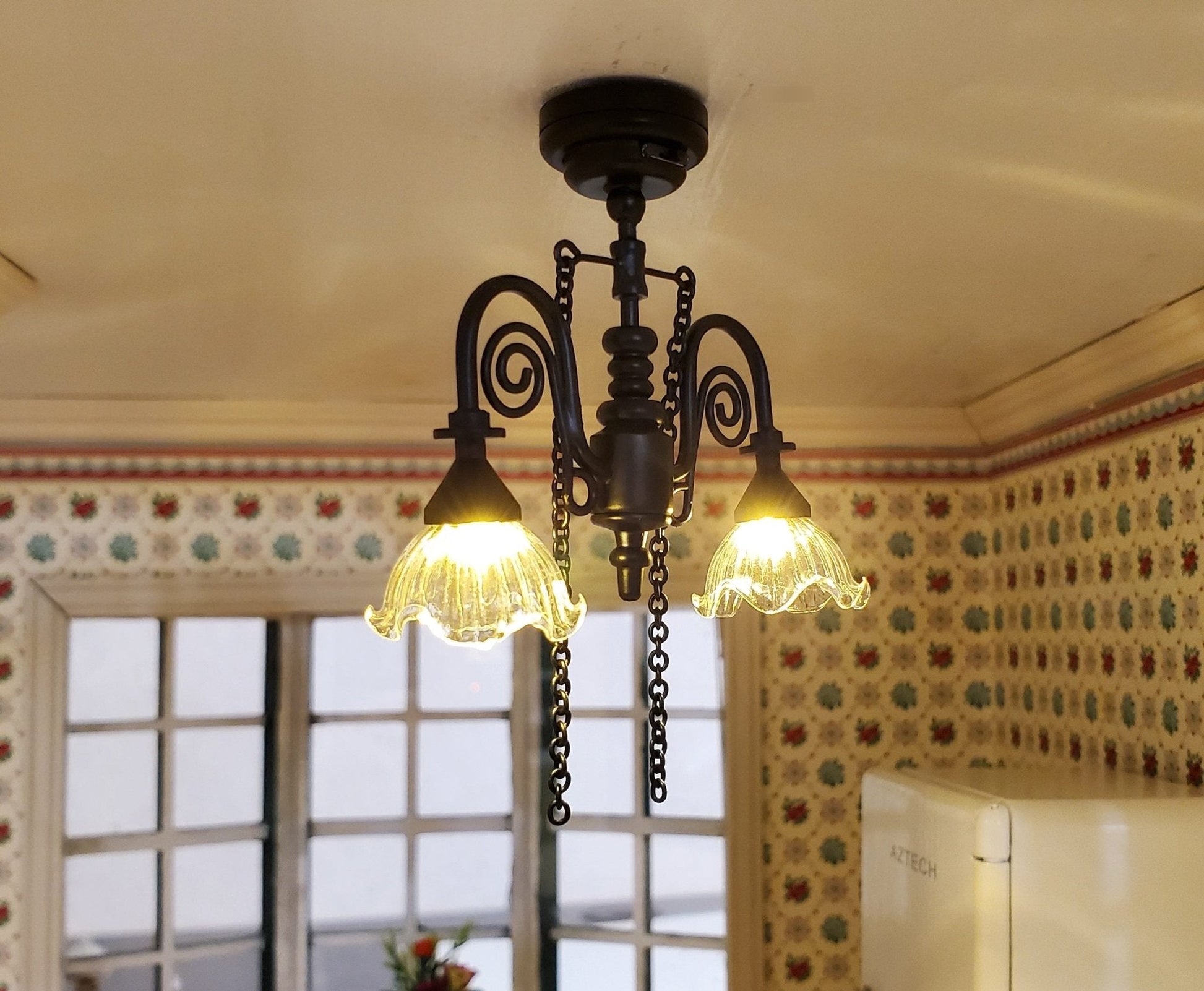 Dollhouse Battery Ceiling Light Victorian 2 Arm Chandelier 1:12 Scale Black - Miniature Crush