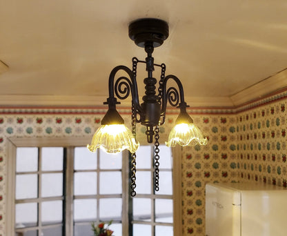 Dollhouse Battery Ceiling Light Victorian 2 Arm Chandelier 1:12 Scale Black - Miniature Crush