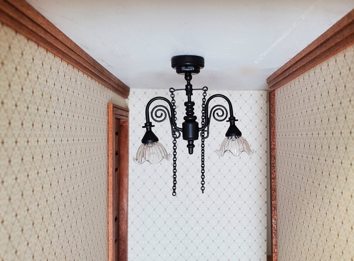 Dollhouse Battery Ceiling Light Victorian 2 Arm Chandelier 1:12 Scale Black - Miniature Crush
