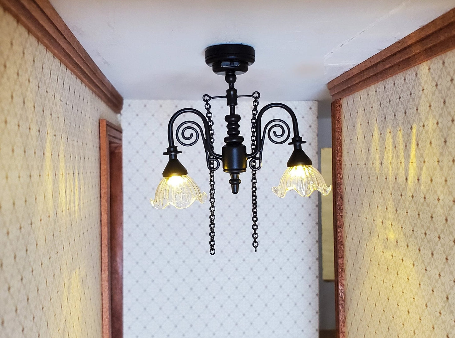 Dollhouse Battery Ceiling Light Victorian 2 Arm Chandelier 1:12 Scale Black - Miniature Crush