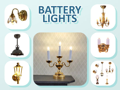 Dollhouse Battery Ceiling Light Victorian 2 Arm Chandelier 1:12 Scale Black - Miniature Crush