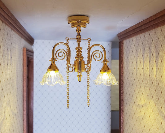 Dollhouse Battery Ceiling Light Victorian 2 Arm Chandelier 1:12 Scale Gold - Miniature Crush