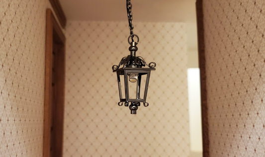 Dollhouse Battery Light Hanging Ceiling Lantern Chrome Black 1:12 Scale Lamp - Miniature Crush