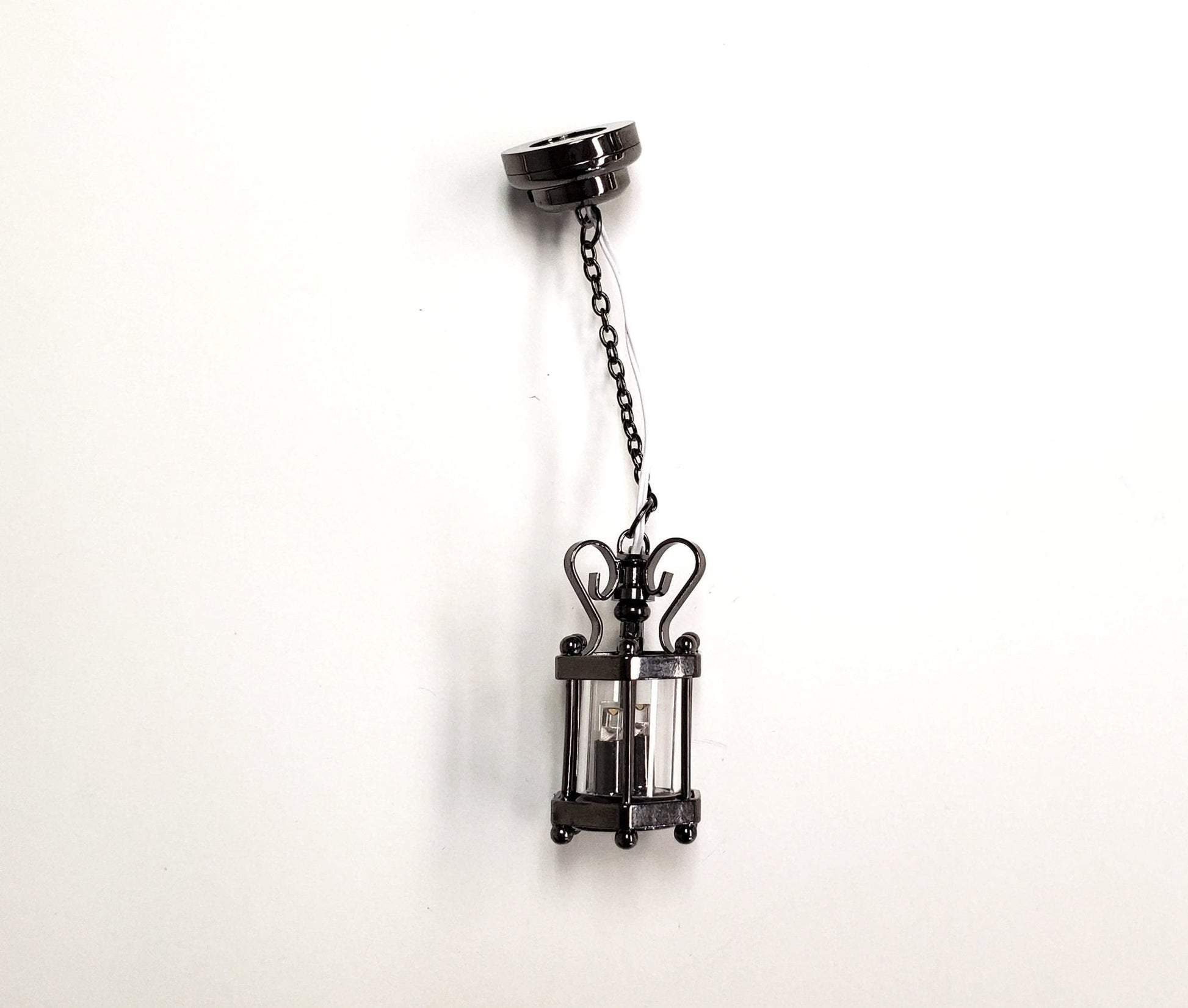 Dollhouse Battery Light Hanging Ceiling Lantern Chrome Black 1:12 Scale Miniature - Miniature Crush